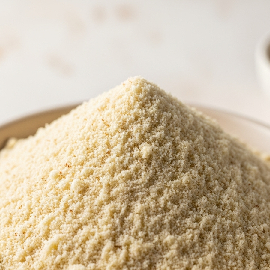 Close-up of a bowl filled with light brown powder on a blurred background