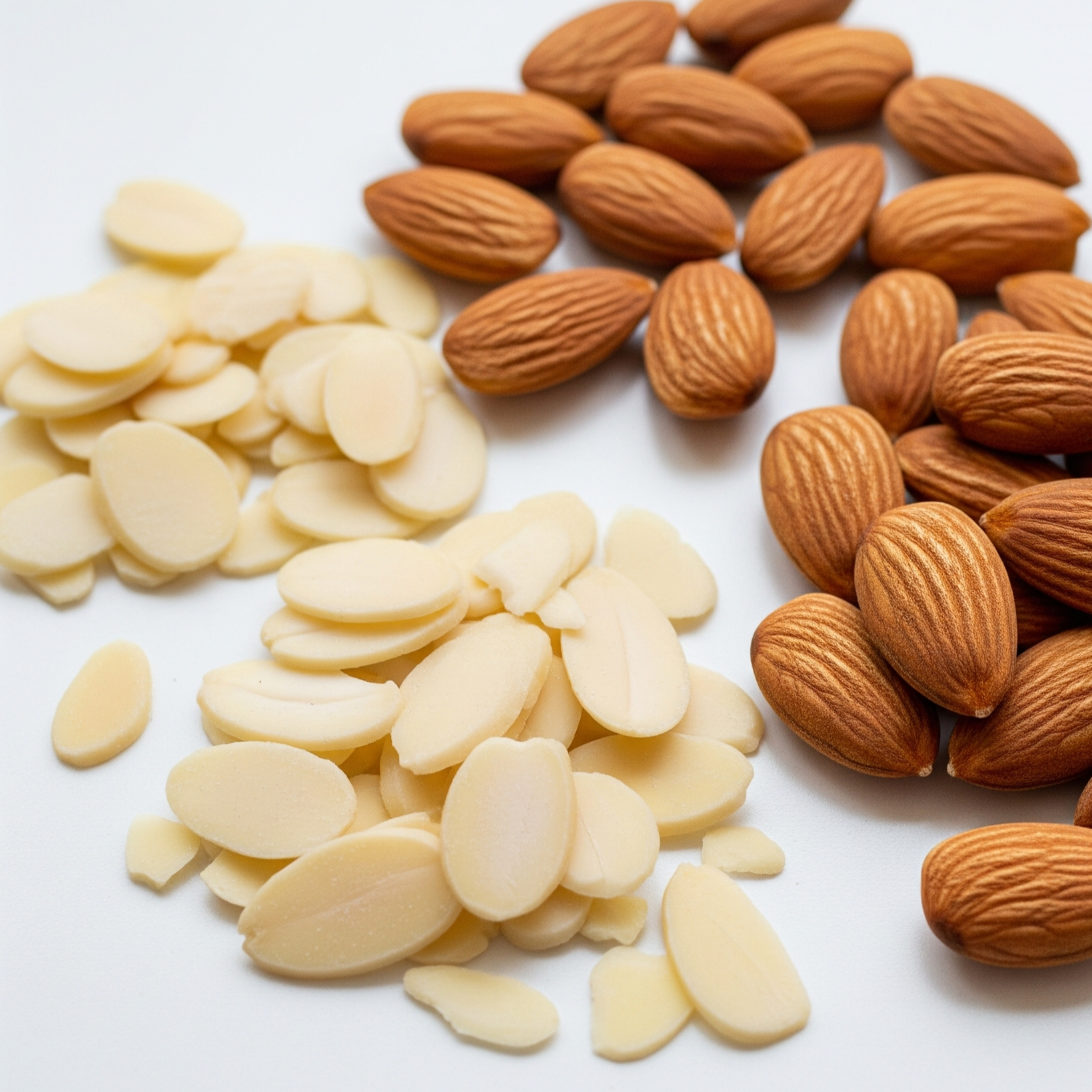 Almonds and sliced almonds on a white background