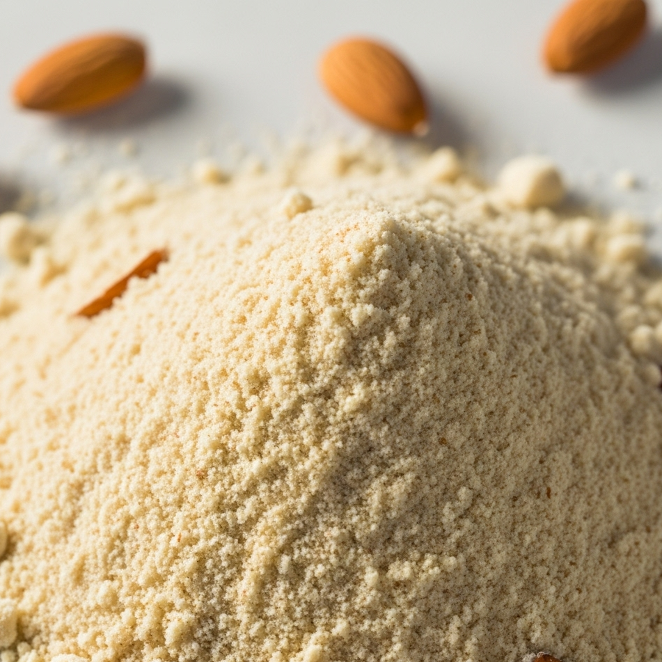 Almond flour with whole almonds on a light background