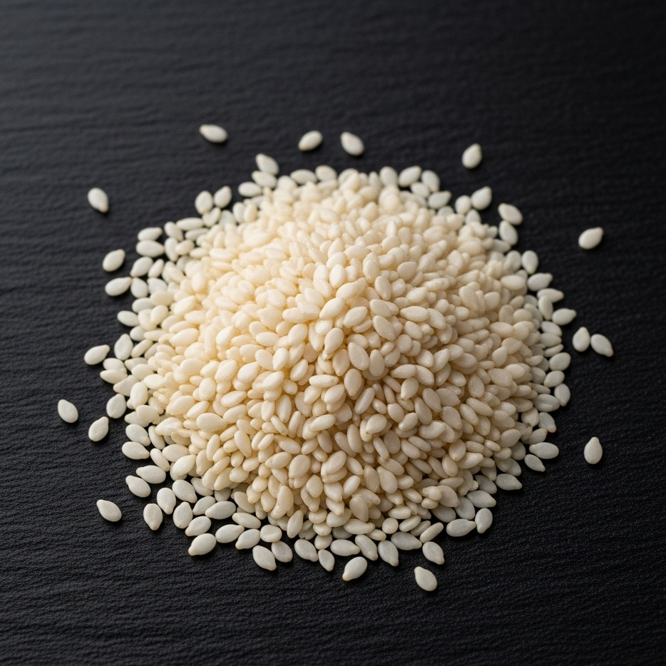 Pile of white sesame seeds on a black surface