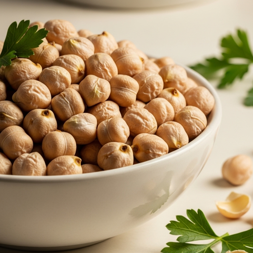 White bowl filled with chickpeas on a light background with parsley leaves.