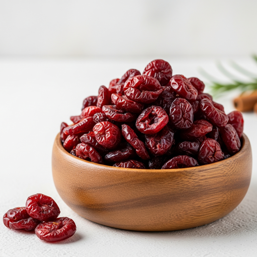 Wooden bowl filled with dried cranberries on a light background